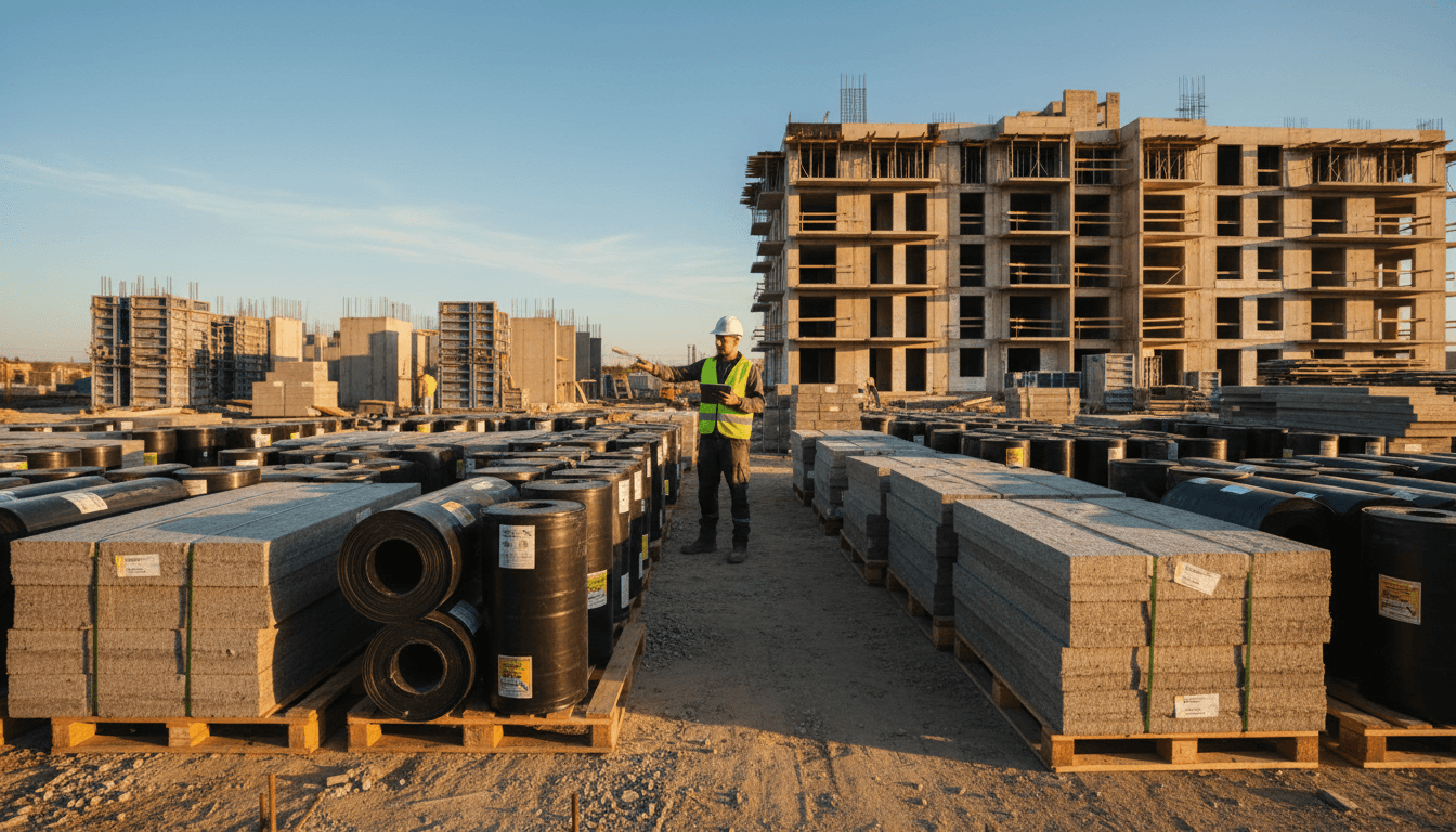 Construction site with organized waterproofing and insulation materials ready for installation