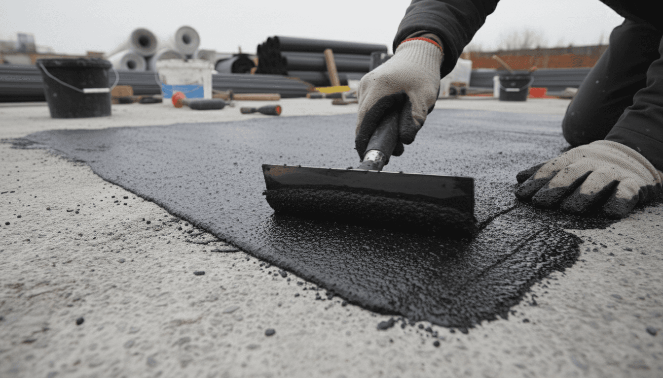 Professional waterproofing membrane application on construction surface