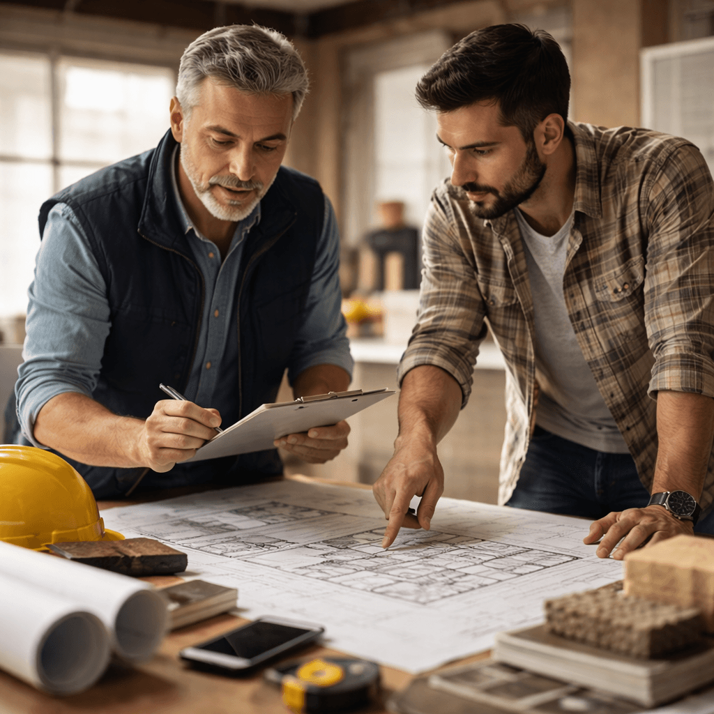 Two men in a workshop reviewing architectural blueprints on a table with construction tools.