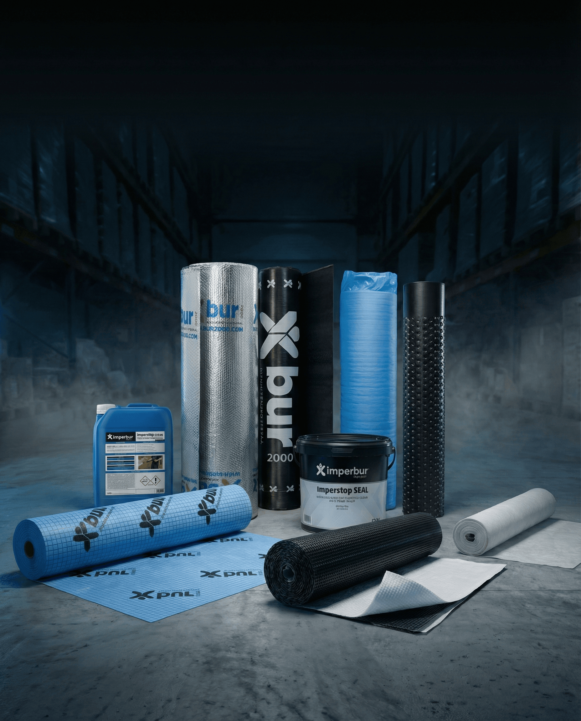 Assorted waterproofing membranes, sealant bucket, and liquid cleaner displayed in a dark industrial warehouse.